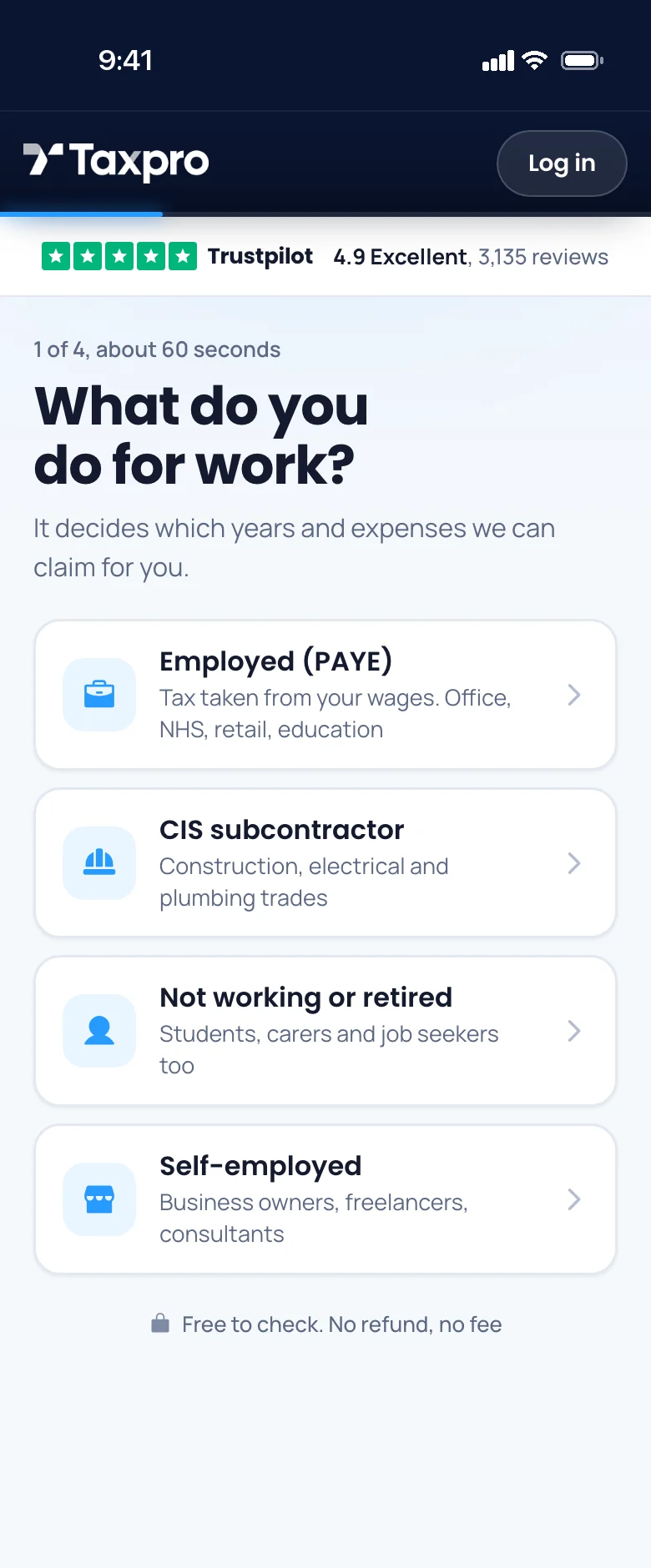 Taxpro app employment eligibility screen